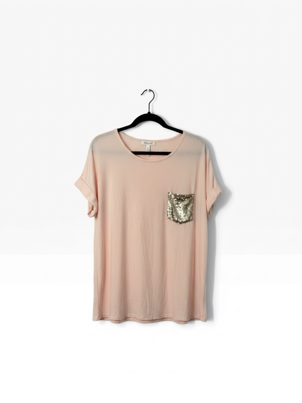 Boho Chic Pastel Pink Rolled Cuff T-Shirt Gold Sequins Pocket. PTP 24” - Picture 2 of 5